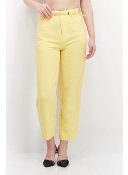 اشتري Women Slim Fit Straight Belted Pants, Cream Gold في الامارات