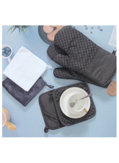 Buy Oven Mitts and Pot Holders Sets, 550°F High Heat Resistant Oven Mitts with Kitchen Towels Thick Cotton Oven Gloves with Non-Slip Silicone for Cooking and Baking (6Pcs, Dark Gray Small Grid) in UAE