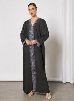 Buy Abaya With Contrasting Stone Work And Lace Embellishment in UAE