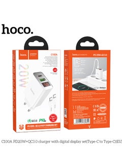 Buy C100A Charger PD20W+QC3.0 with Digital Display Set Type-C to Type-C, EU Plug Fast Charging for Smartphones, Tablets - White in Egypt