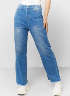 Buy Straight Fit Washed Denim with Raw Hem in UAE