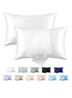 Buy 2-Piece Simple Solid Colour Silk Satin Pillow Case with Envelope Closure for Hair and Skin White 51x76/51x102cm in UAE