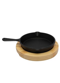 Buy 12.5cm Round Cast Iron Skillet Pan With Side Handle And Wooden Base | Oven Safe Cast Iron Roasting Pan in Saudi Arabia