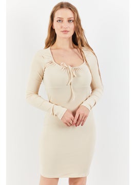 اشتري Women Ribbed Long Sleeve Mini Dress, Beige في الامارات