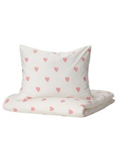 Buy Duvet Cover And Pillowcase, Heart Pattern White/Pink, 150X200/50X80 Cm in Saudi Arabia