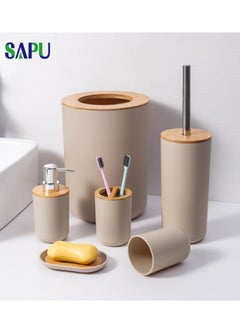 Buy 6 In 1 Simple Bathroom Bamboo Cover Six Piece Holder Kit Trash Can Set Toilet Brush Lotion Bottle Toothbrush Cup Soap Box Gargle Cup European Style Hotel Set  Discount Set Beige in UAE