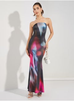 Buy Tie-Dye Print Bandeau Neck Mermaid Hem Maxi Dress in Saudi Arabia