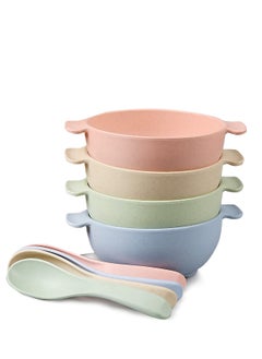 اشتري Wheat Straw Snack Bowl Sets, Including 4 Bowls and 4 Spoons,  Microwave Dishwasher Safe Bowl, Unbreakable Kids Plastic Bowls Spoons, Suitable for Baby Kids Toddler Feeding في الامارات