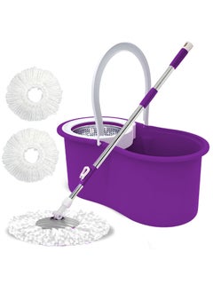 Buy Spin Mop Bucket Set Microfibre Floor Spin Mop and Bucket Set with 2 Super Absorbent Reusable Mop Heads, 6L Mop Bucket with Stainless Steel Mop Bucket With Wringer Purple. in UAE