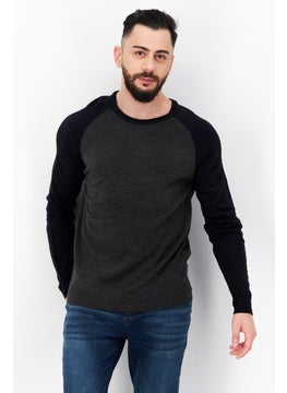 Buy Men Crew Neck Long Sleeve Textured Sweatshirt, Navy Blue/Heather Grey in UAE