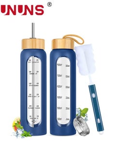 Buy 1L Motivational Glass Water Bottle with Time Marker & Silicone Sleeve &  Straw & Bamboo Lids & Fruit Infuser , Leak Proof Reusable BPA Free Motivational Drinking Jug Water Jug in UAE