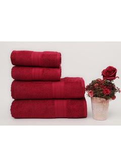 اشتري 4 Piece Bathroom Towel Set - BRIX - 500 GSM - 100% Cotton Terry - 2 Bath Towel 70X140 cm & 2 Hand Towel 50x90 cm-Premium Touch-Quick Dry - Super Absorbent-Red في الامارات