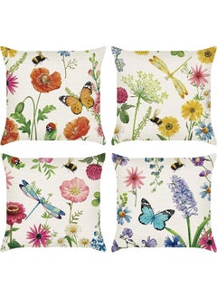 Buy Pillow Covers, Spring Wild Flower Cushion Covers, 18 x 18 Inch Garden Floral Butterfly Decorative Throw Pillow Covers, 4PCS Polyester Linen Pillow Case, for Sofa Garden Outdoor Home Decor in UAE