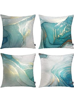 اشتري Pillow Covers, Marble Texture Turquoise and Gold Silver Decorative Pillow Case Set of 4, Luxury Abstract Fluid Art Ink Soft Velvet Square Cushion Covers for Bed Sofa Home Decor, 45 x 45cm في الامارات