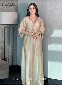 اشتري Women Luxury V-neck Rhinestone Robe Maxi Dresses Exclusive Styles Modern Stylish Abaya Middle East Arabic Banquet Wedding Party Dress Women's Festival Clothing Beige في السعودية