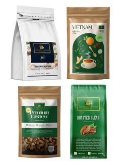 Buy Fine Robusta Whole Beans Coffee 250G, Premium Yellow Whole Beans Coffee 250G, Cordyceps Herbal Brown Rice Tea Trio, and Wood Fire Roasted Salted Cashews 500G - Combo 4 in 1 in UAE