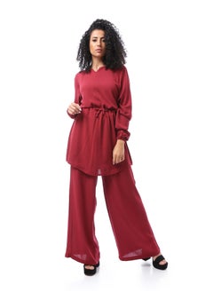 Buy Solid Suit Set with Open V Neck - Dark Red in Egypt