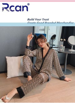 Buy 2 Piece Set V Neck Ice Silk Satin Pajamas Printed Long Sleeved Cardigan Button Down Sleepwear Soft and Breathable Can Be Worn Outside Casual Nightgown Pants Suit for Women in Saudi Arabia