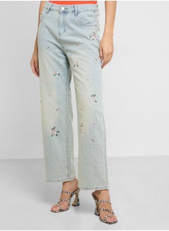 Buy Mid Wash Wide Leg Jeans With Floral Embroidery in UAE