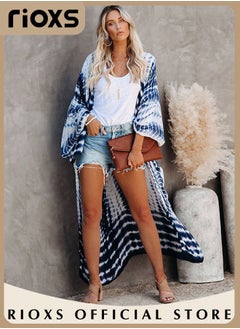 Buy Women's Summer Fashion Printed Print Kimono Casual Open Front Cover up Long Cardigan Loose Beach Swimsuit Cover up in UAE