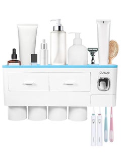 اشتري Toothbrush Holder Wall Mounted Adhesive, Automatic Toothpaste Dispenser Space Saving Toothbrush Organizer With Dustproof Cover, Cups And Drawers Cosmetic Organizer 4 Cups (No Drill Need) في الامارات