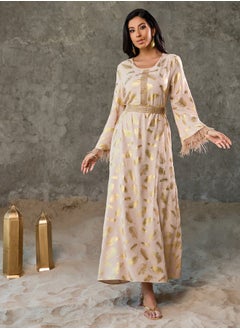 Buy Faux Feather Trim Sleeves Foil Print Jalabiya with Embroidered Lace Detail in Saudi Arabia