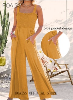 Buy 2-Piece Women Casual Suit Lapel Neck Shirt and Sling Pleated Wide Leg Jumpsuit Candy Color Matching Waist Design Ideal for Daily Commuting Wear in Saudi Arabia