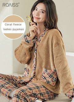 Buy Couple Pajamas Set Long Sleeves Plaid Pattern Sleepwear for Men and Women Coral Fleece Loungewear Autumn and Winter Warm Home Clothes Gift for Boyfriend Girlfriend Husband Wife in Saudi Arabia