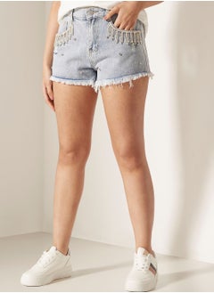 Buy Embellished Denim Mini Shorts in UAE