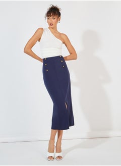 Buy Button Detail Midi Skirt with Split Hem in Saudi Arabia