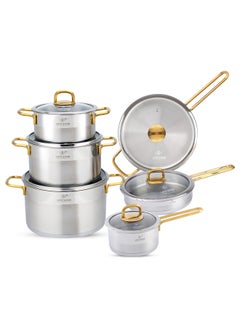 Buy Cookware Set 12 Pieces - Pure 18/10 Stainless Steel Cooking Set - Induction Base Pots and Pans Set - Non-Toxic, 100% PFOA, PTFE & PFOS Free - Oven Safe Kitchen Cookware Sets (Gold) in UAE