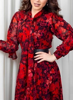 Buy Fordeal Red printed and dyed tieneck chiffon belt waist dress in Saudi Arabia