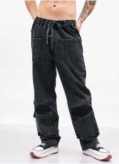 Buy Washed Cargo Baggy Fit Jeans with Drawstring Waistband in Saudi Arabia