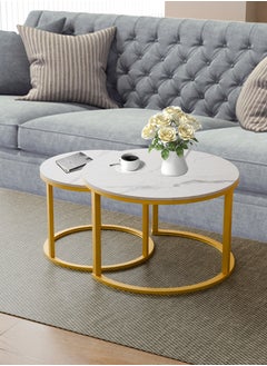 Buy 2-Piece Nesting Coffee Table Set, White with Gold Steel Frame, Circular & Round Large Wooden Tables, Ideal for Living Room, or Apartment Décor. Sizes: 70x43cm + 50x36cm (White and Gold) in UAE