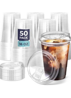 Buy Set of 50 Disposable Plastic Straw Cups with Lids 16 oz Clear Eco Friendly Lids Perfect for Iced Coffee Smoothies Soda Drinks and Caffe Essentials in Saudi Arabia