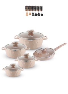 Buy 16Pcs Granite Coated Healthy Cookware Set - Die Cast Aluminum Cooking Casserrole Set Inclued Sauce & Stock Pots, French Frying Pan - Nylon and Wooden Tools in UAE