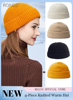 Buy Men's and Women's 4-piece Knitted Hat Autumn and Winter Warm Pullover Hat Solid Color Versatile Wool Hat Outdoor Fashion Hat in UAE