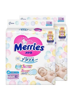 اشتري Merries Japanese Tape Diapers Pants Size Newborn 90, 5000g, Gentle To Skin Baby Tape Diapers, Comfort Jumbo Pack, 90 Count, Pack of 2 في الامارات
