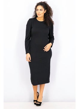 اشتري Women Regular Fit Plain Long Sleeve Maxi Dress, Balck في الامارات