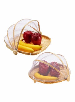 Buy Covered Bamboo Serving Food Tent Basket Outdoor Food Covers with Gauze Bread Storage Basket Bamboo Fruit Basket Fruit Bowl with Cover Round Picnic Basket Mesh Serving Tray Cover (2 Pieces ) in Saudi Arabia