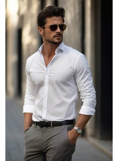 Buy White Men's Regular Fit Shirt with Embroidery Detail. in Egypt