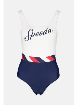 Buy Women One Piece Graphic Print Swimsuit, White and Navy in Saudi Arabia