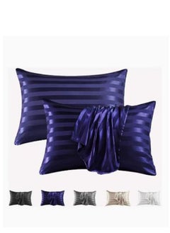 Buy 100% Pure Mulberry Queen Pillowcase 2-Piece Pillow Cases (Navy Blue Striped) in Saudi Arabia