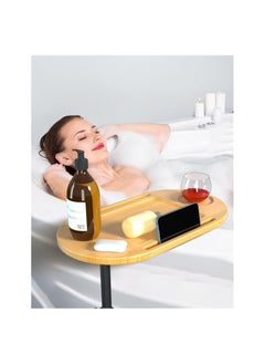 اشتري Bamboo Bathtub Tray Table, Adjustable Height Bath Tub Tray Side Table with Wine Glass/Book Slot and Phone Holder, Freestanding Design, Ideal for Reading, Relaxing and Bathing في السعودية