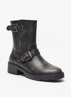 اشتري Womens Buckled Strap Accent Boots with Zip Closure and Block Heels في الامارات