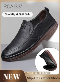 Buy Casual Slip-On Flat Shoes for Men Round Toe Low Top Stitch Decor Soft Sole Business Leather Shoes Mens Wear Resistant Anti Slip Breathable Comfort Outdoor Walking Shoes in Saudi Arabia