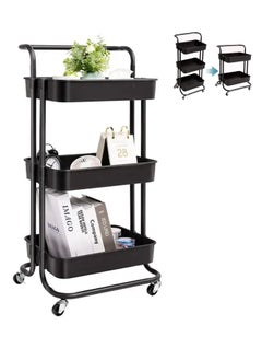 اشتري 3-Tier Rolling Utility Storage Stand Movable Rolling Cart Large Capacity Storage Holder Craft Cart Multipurpose Organizer Shelf With Handles And Lockable Wheels for Kitchen,Bathroom,Living Room(Black) في الامارات