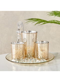 Buy Mreya 3-Piece Glass Candleholder Set with Round Glass Tray 5.5 x 6.5 x 5.5 cm in Saudi Arabia