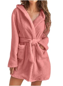 Buy Women Hooded Bathrobe Fleece Lightweight Soft Plush Flannel Sleepwear Fleece Hooded Bathrobes Night Sleepwear Women's Mid Length Plush Robe in UAE