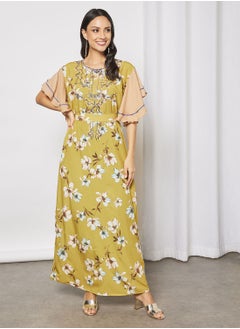 Buy Floral Jalabiya With Embroidery In Front And Short Sleeves With Belt in Saudi Arabia